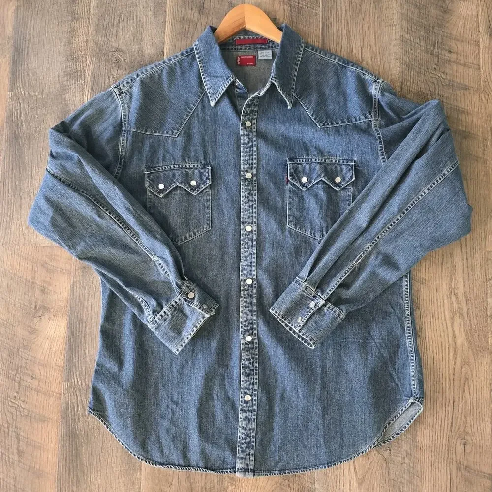 Vtg Levis Red Tab Denim Work Shirt Mens M Western Rodeo Workwear 90’s Cowboy Y2K